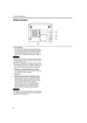Page 88
Controls and Features 
Bottom Surface
tAir inlet (filter)
Air is taken in through the filter to cool the light-source 
lamp. If the filter is blocked or if something that obstructs 
the flow of air is placed around the projector, heat may 
build up inside and could cause a fire. For required 
space, refer to “Precautions for Installation” on page 15.
CAUTIONS
•Be careful as paper, cloth or soft cushion could be drawn in 
if placed nearby. Do not block the filter, or heat may build 
up and could cause a...
