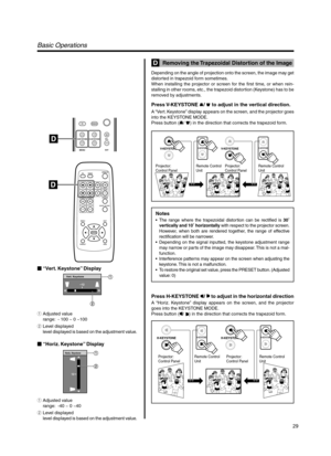 Page 2929
MENU
V-KEYSTONE PC
H-KEYSTONE VOL. EXIT
VIDEO
QUICK ALIGN.
PC VIDEOVOLUME
PRESET HIDE
ENTER
MENU EXIT
FREEZE
OPERATE
V-KEYSTONEH-KEYSTONESCREENDIGITAL
ZOOM
FOCUS
W
S
V -KEYSTONEV-KEYSTONE
Projector: 
Control Panel Remote Control 
UnitProjector: 
Control Panel Remote Control 
Unit
V-
KEYSTONEV-KEYSTONE
H-KEYSTONEH-KEYSTONEH-KEYSTONEH-KEYSTONE
Projector: 
Control Panel Remote Control 
UnitProjector: 
Control Panel Remote Control 
Unit
 
“Vert. Keystone” Display
1 Adjusted value
range:  - 100 ~ 0 ~100
2...