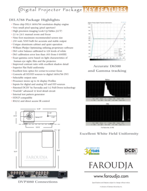 Page 2Excellent White Field Uniformity
www.faroudja.com
Specifications and features subject to change without notice.A division of Genesis Microchip Inc.DVP1080 Connections
DI
LA788 Package Highlights
•T hree chip DI LA 1400x788 resolution display engine
• Very small pixel spacing (pixel aperture)
• H igh precision imaging Look-Up-Tables (LUT)
• 2.1 to 2.6:1 manual zoom and focus
• N ine foot maximum recommended screen size
• 250 watt, NSH bulb for accurate and stable output
• U nique aluminum cabinet and...