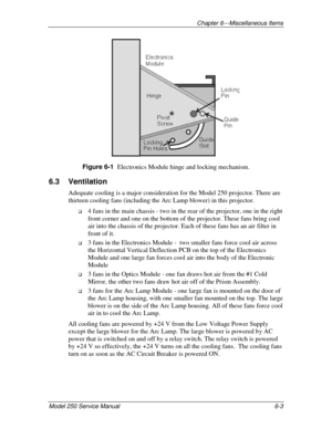 Page 135Chapter 6---Miscellaneous Items
Model 250 Service Manual 6-3
Figure 6-1  
Electronics Module hinge and locking mechanism.
6.3 Ventilation
Adequate cooling is a major consideration for the Model 250 projector. There are
thirteen cooling fans (including the Arc Lamp blower) in this projector.
!
 4 fans in the main chassis - two in the rear of the projector, one in the right
front corner and one on the bottom of the projector. These fans bring cool
air into the chassis of the projector. Each of these fans...