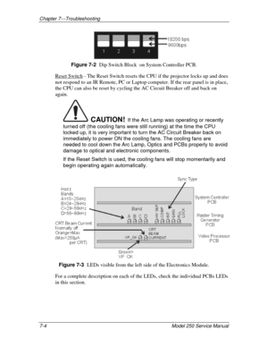 Page 142Chapter 7---Troubleshooting
7-4 
Model 250 Service Manual
Figure 7-2  
Dip Switch Block  on System Controller PCB.
Reset Switch - The Reset Switch resets the CPU if the projector locks up and does
not respond to an IR Remote, PC or Laptop computer. If the rear panel is in place,
the CPU can also be reset by cycling the AC Circuit Breaker off and back on
again.
  CAUTION!  If the Arc Lamp was operating or recently
turned off (the cooling fans were still running) at the time the CPU
locked up, it is very...