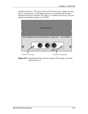 Page 128Chapter 5---Electronics
Model 250 Service Manual 5-73
installed in the #2 or 3 VIC slot (it will not fit into the #1 slot), a blank face plate
must be installed above it. The blank faceplate is not included with the Quad
Standard Decoder/Line Doubler VIC unless it is installed at the factory. The part
number for the blank faceplate is p/n 102667.
Figure 5-41  
Quad Standard Decoder/Line Doubler VIC faceplate with blank
faceplate above it. 