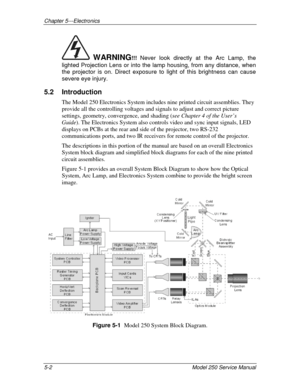 Page 57Chapter 5---Electronics
5-2 Model 250 Service Manual
 WARNING!!!
 Never look directly at the Arc Lamp, the
lighted Projection Lens or into the lamp housing, from any distance, when
the projector is on. Direct exposure to light of this brightness can cause
severe eye injury.
5.2 Introduction
The Model 250 Electronics System includes nine printed circuit assemblies. They
provide all the controlling voltages and signals to adjust and correct picture
settings, geometry, convergence, and shading (see Chapter...