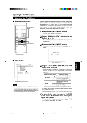 Page 3937
ENGLISH
OPERATE
VOL.
PAGE
BACK
PRESET
ZOOMFOCUS
COMPUTERVIDEO
QUICK
ALIGN.AV
MUTING
WT
MENU/ENTER
MENU/ENTER
button
Cursor buttons
PAGE BACK button
Operating the Main Menu (Cont.)
Adjusting the Pixel Clock
Submenu item (PIXEL CLOCK)
The pixel clock should be adjusted mainly for computer-related inputs.
(Normally, it does not need to be adjusted for video inputs.) If a wide
stripe appears on the screen, adjust the lateral size of video image
and the display area (tracking adjustment) so the stripe...