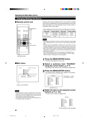 Page 4846
OPERATE
VOL.
PAGE
BACK
PRESET
ZOOMFOCUS
COMPUTERVIDEO
QUICK
ALIGN.AV
MUTING
WT
MENU/ENTER
MENU/ENTER
button
Cursor buttons
PAGE BACK button
Changing (Setting) the Source
Submenu item [SOURCE]
Normally, use the source setting in AUTO. If use in AUTO is unstable
such as color not appearing, the screen being disturbed or the screen
being intermitted, set to the dedicated source (forced mode) in
accordance with the input signal.
¥ When shipped from the factory, the source settings are as follows:...