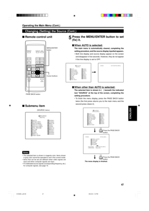 Page 4947
ENGLISH
OPERATE
VOL.
PAGE
BACK
PRESET
ZOOMFOCUS
COMPUTERVIDEO
QUICK
ALIGN.AV
MUTING
WT
MENU/ENTER
MENU/ENTER
button
Cursor buttons
PAGE BACK button
Operating the Main Menu (Cont.)
Changing (Setting) the Source (Cont.)
5Press the MENU/ENTER button to set
(fix) it.
nWhen AUTO is selected:
The main menu is automatically cleared, completing the
setting procedure, and the source display inputted appears.
¥ Both line display and source display appear on the screen
and disappear in five seconds. However,...