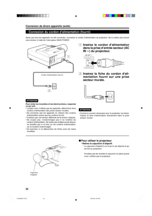 Page 8424
Connexion de divers appareils (suite)

sous tension ˆ lÕaide de lÕinterrupteur MAIN POWER.
Cordon dÕalimentation (fourni)
ATTENTION
Pour Žviter les incendies et les Žlectrocutions, respectez
ce qui suit:
¥ Lorsque vous nÕutilisez pas les appareils, dŽbranchez leurs
cordons dÕalimentation des prises secteur murales.
¥ Ne connectez pas les appareils en utilisant des cordons
dÕalimentation autres que les cordons fournis.
¥ NÕutilisez pas une tension diffŽrente de la tension indiquŽe.
¥ Ne coupez pas,...