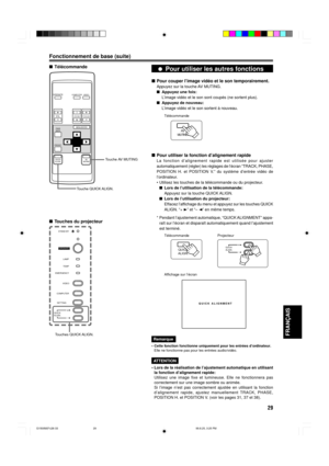 Page 8929
FRAN‚AIS
OPERATE
VOL.
PAGE
BACK
PRESET
ZOOMFOCUS
COMPUTERVIDEO
QUICK
ALIGN.AV
MUTING
WT
MENU/ENTER
Fonctionnement de base (suite)
¦ Pour utiliser les autres fonctions
nPour couper lÕimage vidŽo et le son temporairement.
Appuyez sur la touche AV MUTING.
nAppuyez une fois:
LÕimage vidŽo et le son sont coupŽs (ne sortent plus).
nAppuyez de nouveau:
LÕimage vidŽo et le son sortent ˆ nouveau.
nPour utiliser la fonction dÕalignement rapide
La fonction dÕalignement rapide est utilisŽe pour ajuster...