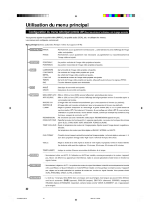 Page 9232
Utilisation du menu principal
Configuration du menu principal (entrŽe AV) Pour les entrŽes dÕordinateur, voir la page suivante.
Vous pouvez ajuster la qualitŽ vidŽo (IMAGE), la qualitŽ audio (SON), etc. en utilisant les menus.
Les menus sont configurŽs comme suit:
Menu principal (EntrŽes audio/vidŽo: Pendant lÕentrŽe dÕun signal en AV IN)
HORLOGE PIXELTRACK : Normalement, aucun ajustement nÕest nŽcessaire. La taille latŽrale et la zone dÕaffichage de lÕimage
vidŽo sont ajustŽes.
PHASE : Normalement,...