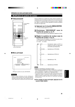 Page 9535
FRAN‚AIS
Utilisation du menu principal (suite)



expŽdiŽ de lÕusine. Normalement utilisez AUTO. Si le fonctionnement
en mode AUTO nÕest pas stable comme quand la couleur nÕappara”t

de couleur du signal entrŽ.
1Appuyez sur la touche MENU/ENTER.
¥ Le menu principal appara”t sur lÕŽcran.
2Choisissez ÒDECODEURÓ avec la
touche de curseur 5 ou °.
¥ LÕŽlŽment choisi (affichŽ en texte) appara”t en magenta sur lÕŽcran.
3
touche de curseur 2 ou 3.
¥ Chaque fois que vous appuyez sur la touche de curseur 2 ou...