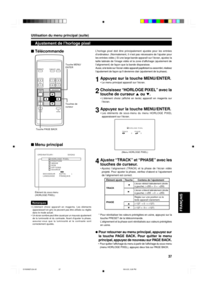 Page 9737
FRAN‚AIS
Utilisation du menu principal (suite)
Ajustement de lÕhorloge pixel
ƒlŽment du sous-menu
(HORLOGE PIXEL)

dÕordinateur. (Normalement, il nÕest pas nŽcessaire de lÕajuster pour
les entrŽes vidŽo.) SI une large bande appara”t sur lÕŽcran, ajustez la
taille latŽrale de lÕimage vidŽo et la zone dÕaffichage (ajustement de

Aussi, si le texte sur lÕŽcran vidŽo appara”t papillotant ou assombri, rŽalisez

1Appuyez sur la touche MENU/ENTER.
¥ Le menu principal appara”t sur lÕŽcran.
2Choisissez...