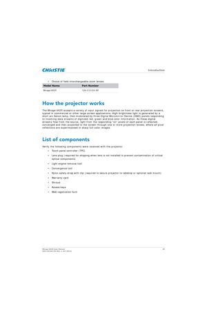 Page 20   Introduction
Mirage 4K25 User Manual20
020-101361-02 Rev. 1 (01-2015)
• Choice of field-interchangeable zoom lenses
How the projector works
The Mirage 4K25 accepts a variety of input signals for projection on front or rear projection screens, 
typical in commercial or other large screen applications. High-brightness light is generated by a 
short arc Xenon lamp, then modulated by three Digi tal Micromirror Device (DMD) panels responding 
to incoming data streams of digitized red, green and blue color...