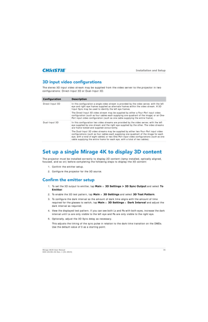 Page 35   Installation and Setup
Mirage 4K25 User Manual35
020-101361-02 Rev. 1 (01-2015)
3D input video configurations
The stereo 3D input video stream may be supplied  from the video server to the projector in two 
configurations: Direct-Input 3D or Dual-Input 3D.
Set up a single Mirage 4K to display 3D content
The projector must be installed co rrectly to display 2D content (lamp installed, optically aligned, 
focused, and so on) before completing the following steps to display the 3D content:
1. Confirm the...