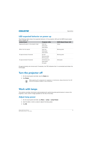Page 53   Operation
Mirage 4K25 User Manual53
020-101361-02 Rev. 1 (01-2015)
LED expected behavior on power up
The following table shows the expected behavior  of the projector LED and the MCPU board power 
LED on power up:
At approximately one minute and 15 seconds, the TP C indicates that it is connected and shows the 
home page.
Turn the projector off
1. On the touch panel controller, tap the  Home tab.
2. Tap  Power.
Work with lamps
This section provides information and procedures  for optimizing lamp...