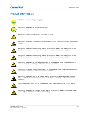 Page 16   Introduction
Mirage 4K35 User Manual16
020-101377-03 Rev. 1 (07-2015)
Product safety labels
Indicates the presence  of a grounding point.
Indicates the presence of  an earth grounding point.
Indicates the presence of a dangerous condition or situation.
Indicates the presence of a pinch hazard. To avoid personal injury, ke ep hands clear and loose clothing 
tied back.
Indicates the presence of a hot surface. To avoid pe rsonal injury, always allow the projector to cool 
down for a minimum of 10 minutes...