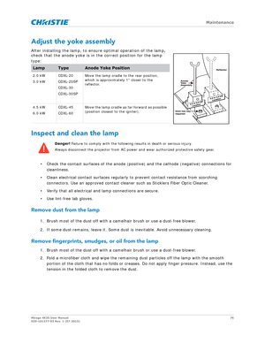 Page 76   Maintenance
Mirage 4K35 User Manual76
020-101377-03 Rev. 1 (07-2015)
Adjust the yoke assembly
After installing the lamp, to ensure  optimal operation of the lamp, 
check that the anode yoke is in the correct position for the lamp 
type:
Inspect and clean the lamp
• Check the contact surfaces of the anode (positive) and the cathode (negative) connections for 
cleanliness.
• Clean electrical contact surfaces regularly to prevent contact resistance from scorching  connectors. Use an approved contact...