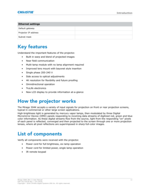 Page 11Ethernet settings
Default gateway
Projector IP address
Subnet mask Key features
Understand the important features of the projector .
