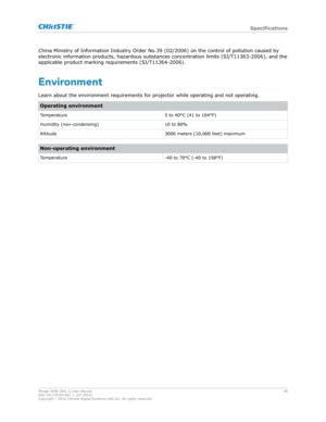 Page 48China Ministry of Information Industry Order No.39 (02/2006) on the control of pollution caused by
electronic information products, hazardous substances concentr
ation limits (SJ/T11363-2006), and the
applicable product marking requirements (SJ/T11364-2006).
Environment
Learn about the environment requirements for projector while operating and not operating. Operating environment
Temperature 5 to 40