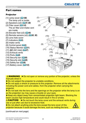 Page 54LWU701i/LW751i/LX801i/LWU601i/LW651i
User's Manual - Operating Guide020-000786-02
LIT MAN USR D2
Introduction
Part names
Projector
(1) Lamp cover (
108)
The lamp unit is inside.
(2) Speakers (x2) (
37, 80)
(3) Filter cover (
11 0 )
The air fi lter and intake vent
are inside.
(4) Elevator feet (x2) (
40)
(5) Remote sensors (x2) (
30, 95)
(6) Lens hole cover
(7) Indicators (
5)
(8) Intake vents
(9) Control panel (
5)
(10) Status Monitor (
31)
(11) AC (AC inlet) (
27)
(12)  Exhaust vents
(13)...