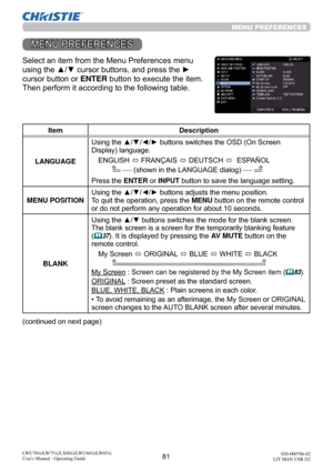 Page 8281LWU701i/LW751i/LX801i/LWU601i/LW651i
User's Manual - Operating Guide020-000786-02
LIT MAN USR D2
MENU PREFERENCES
MENU PREFERENCES
Select an item from the Menu Preferences menu 
using the ▲/▼ cursor buttons, and press the ► 
cursor button or ENTER button to execute the item. 
Then perform it according to the following table.
Item Description
LANGUAGE Using the ▲/▼/◄/► buttons switches the OSD (On Screen 
Display) language.
ENGLISH  ó FRANÇAIS 
ó DEUTSCH 
ó  ESPAÑOL
       
   (shown in the LANGUAGE...