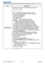 Page 8079LWU701i/LW751i/LX801i/LWU601i/LW651i
User's Manual - Operating Guide020-000786-02
LIT MAN USR D2
SETUP menu
Item Description
OSD MESSAGE Using the ▲/▼ buttons turns on/off the message function.
ON  ó OFF 
ó HIDE 
  
 
■OFF : The following message functions do not work.
“AUTO IN PROGRESS” while automatically adjusting
“NO INPUT IS DETECTED”
“SYNC IS OUT OF RANGE”
“INVALID SCAN FREQ.”
“NOT AVAILABLE”
“Searching….” while searching for the input
“Detecting….” while an input signal is detected
The...