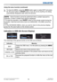 Page 5958LWU701i/LW751i/LX801i/LWU601i/LW651i
User's Manual - Operating Guide020-000786-02
LIT MAN USR D2
Operating
Using the menu function (continued)
3.To close the MENU, press the MENU button again or select EXIT and press 
the ◄ cursor button or ENTER button. If you do not do anything, the dialog 
automatically disappears after about 30 seconds.
Indication in OSD (On Screen Display)
The meanings of the general words on the OSD are as follows.
Indication Meaning
EXITCloses the OSD menu. It is the same as...