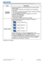 Page 7877LWU701i/LW751i/LX801i/LWU601i/LW651i
User's Manual - Operating Guide020-000786-02
LIT MAN USR D2
SETUP menu
Item Description
PICTURE 
POSITION Using the ▲/▼/◄/► cursor buttons selects the vertical required 
picture position.
The PICTURE POSITION is not changed if any of the following
cases apply.
・  There is no non-display area (black display or background display) 
or it is not displayed on the screen.
• One of the following messages is displayed on the screen:
"NO INPUT IS DETECTED"...