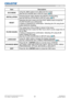 Page 6261LWU701i/LW751i/LX801i/LWU601i/LW651i
User's Manual - Operating Guide020-000786-02
LIT MAN USR D2
EASY MENU
Item Description
ECO MODE Using the ◄/► buttons turns off/on the Eco mode.
See the ECO MODE item in SETUP menu (

75).
INSTALLATION Pressing the ► button displays the INSTALLATION dialog.
See the INSTALLATION item in SETUP menu (

77).
RESET Selecting this item resets all of the EASY MENU items except the 
FILTER HOURS and LANGUAGE.
A dialog is displayed for confirmation. Selecting the OK...