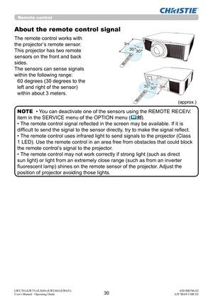 Page 3130LWU701i/LW751i/LX801i/LWU601i/LW651i
User's Manual - Operating Guide020-000786-02
LIT MAN USR D2
30° 30°
3m
30°30°30°30°30°30°30°30°30°30°30°3m
(approx.)
About the remote control signal
The remote control works with 
the projector’s remote sensor. 
This projector has two remote 
sensors on the front and back 
sides.
The sensors can sense signals 
within the following range:
60 degrees (30 degrees to the 
left and right of the sensor) 
within about 3 meters.
• You can deactivate one of the sensors...