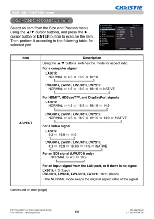 Page 6766LWU701i/LW751i/LX801i/LWU601i/LW651i
User's Manual - Operating Guide020-000786-02
LIT MAN USR D2
SIZE AND POSITION menu
SIZE AND POSITION menu
Select an item from the Size and Position menu 
using the ▲/▼ cursor buttons, and press the ► 
cursor button or ENTER button to execute the item. 
Then perform it according to the following table. for 
selected port  
Item Description
ASPECT Using the ▲/▼ buttons switches the mode for aspect ratio. 
For a computer signal
LX801i:  
  NORMAL  ó 4:3 
ó 16:9 
ó...