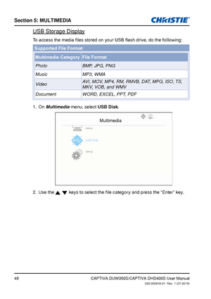 Page 48Section 5: MUlTiMedia
48CAPTIVA DUW350S/CAPTIVA DHD400S User Manual020-000816-01  Rev. 1 (07-2015)
USB Storage Display
To	access	the	media	files	stored	on	your	USB	flash	drive,	do	the	folllowing:
Supported File Format
Multimedia Category File Format
PhotoBMP, JPG, PNG
Music MP3, WMA
Video AVI, MOV, MP4, RM, RMVB, DAT, MPG, ISO, TS, 
MKV, VOB, and WMV
Document WORD, EXCEL, PPT, PDF
On 1. Multimedia menu, select USB disk.
Multimedia
Desktop
USB Disk
Settings
Use the 2.   keys to select the file category...