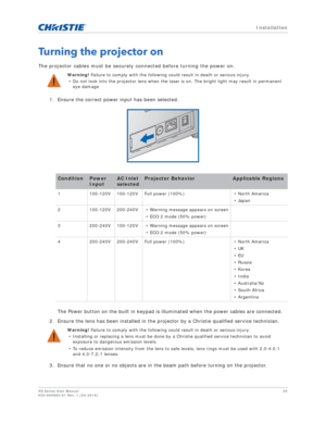 Page 20   Installation
HS Series User Manual20
020-000883-01 Rev. 1 (04-2016)
Turning the projector on
The projector cables must be securely connected before turning the power on.
1. Ensure the correct power input has been selected.
The Power button on the built in keypad is illuminated when the power cables are connected. 
2. Ensure the lens has been installed in the projector by a Christie qualified service technician.
3. Ensure that no one or no objects are in the beam path before turning on the projector....