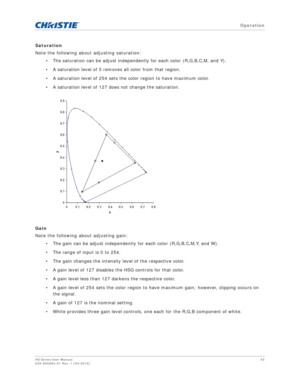 Page 43   Operation
HS Series User Manual43
020-000883-01 Rev. 1 (04-2016)
Saturation
Note the following about adjusting saturation:
• The saturation can be adjust independently for each color (R,G,B,C,M, and Y).
• A saturation level of 0 removes all color from that region.
• A saturation level of 254 sets the color region to have maximum color.
• A saturation level of 127 does not change the saturation.
Gain
Note the following about adjusting gain: • The gain can be adjust independently for each color...