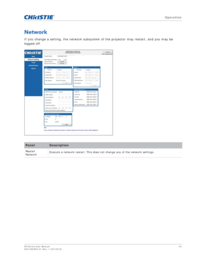 Page 53   Operation
HS Series User Manual53
020-000883-01 Rev. 1 (04-2016)
Network
If you change a setting, the network subsystem of the projector may restart, and you may be 
logged off.
PanelDescription
Restart 
Network Execute a network restart. This does 
not change any of the network settings. 