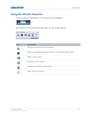 Page 60   Operation
HS Series User Manual60
020-000883-01 Rev. 1 (04-2016)
Using the Christie Presenter
1. To pause or play the USB display, in the system tray, press  Autorun.
After starting the Christie Presenter application, the main window appears.
IconDescription
Connects and searches the network display.
Stops or starts displaying desktop cont ents to the connected network display.
Selects a display region.
Configures Christie Presenter.
Manages all connected network displays.
Disconnects all connections. 