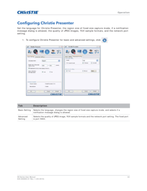 Page 63   Operation
HS Series User Manual63
020-000883-01 Rev. 1 (04-2016)
Configuring Christie Presenter
Set the language for Christie Presenter, the region size of fixed size capture mode, if a notification 
message dialog is allowed, the quality of JPEG images, YUV sample formats, and the network port 
setting.
1. To configure Christie Presenter for basic and advanced settings, click  .
TabDescription
Basic Setting Selects the language, changes the region size of fixed size capture mode, and selects if a...