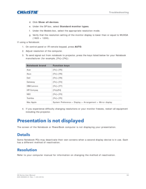 Page 69   Troubleshooting
HS Series User Manual69
020-000883-01 Rev. 1 (04-2016)
d. Click  Show all devices . 
e. Under the SP box, select  Standard monitor types.
f. Under the Models box, select the appropriate resolution mode.
g. Verify that the resolution setting of the monitor display is lower than or equal to WUXGA  (1920 × 1200).
If using a Notebook:
1. On control panel or IR remote keypad, press  AUTO.
2. Adjust resolution of the computer.
3. To send signal out from notebook to projector, press the keys...