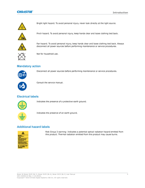 Page 9Bright light hazard. To avoid personal injury, never look directly at the light source.
Pinch hazard. To avoid personal injury, keep hands clear and loose clothing tied back.
Fan hazard. To avoid personal injury, keep hands clear and loose clothing tied back. Always
disconnect all power sources before performing maintenance or service procedures.
Not for household use.
Mandatoryaction Disconnect all power sources before performing maintenance or service procedures.
Consult the service manual....