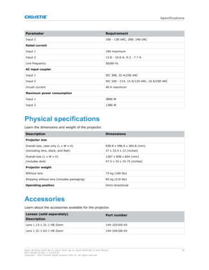 Page 54Parameter
Requirement
Input 2 100 - 130 VAC; 200- 240 VAC
Rated current
Input 1 19A maximum
Input 2 13.8 - 10.6 A; 9.3 - 7.7 A
Line frequency 50/60 Hz
AC input coupler
Input 1 IEC 309, 32 A/250 VAC
Input 2 IEC 320 - C14, 15 A/125 VAC, 10 A/250 VAC
Inrush current 40 A maximum
Maximum power consumption
Input 1 3800 W
Input 2 1380 WPhysicalspecifications
Learn the dimensions and weight of the projector .Description
Dimensions
Projector size
Overall size, case only (L x W x H)
(ex
 cluding lens, stack, and...