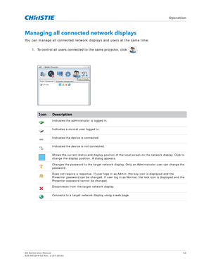 Page 62   Operation
GS Series User Manual62
020-001044-02 Rev. 1 (07-2016)
Managing all connected network displays
You can manage all connected network displays and users at the same time.
1. To control all users connected to the same projector, click  .
IconDescription
Indicates the administrator is logged in.
Indicates a normal user logged in.
Indicates the device is connected.
Indicates the device is not connected.
Shows the current status and display position of th e local screen on the network display....