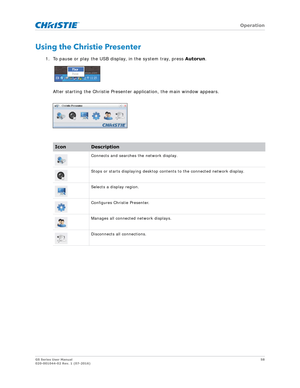 Page 58   Operation
GS Series User Manual58
020-001044-02 Rev. 1 (07-2016)
Using the Christie Presenter
1. To pause or play the USB display, in the system tray, press  Autorun.
After starting the Christie Presenter  application, the main window appears.
IconDescription
Connects and searches the network display.
Stops or starts displaying desktop contents to the connected network display.
Selects a display region.
Configures Christie Presenter.
Manages all connecte d network displays.
Disconnects all connections. 