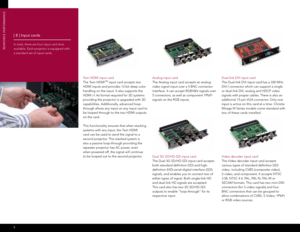 Page 65
Analog input card 
The Analog input card accepts an analog 
video signal input over a 5 BNC connector 
interface. It can accept RGBH&V signals over 
5 connectors, as well as component YPbPr 
signals on the RGB inputs.
Dual 3G SD/HD-SDI input card
The Dual 3G SD/HD-SDI input card accepts 
both standard definition (SD) and high-
definition (HD) serial-digital-interface (SDI) 
signals, and enables you to connect two of 
either types of signal. Both single-link HD 
and dual-link HD signals are accepted....