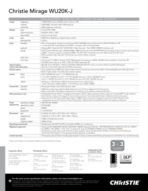 Page 1Christie Mirage WU20K-J
Christie Mirage WU20K-J – WUXGA (1920 x 1200) – 3 -chip DLP® – Par t number: 132- 018122-X X
Image
                           
                            brightness 
•   
18,000 ANSI lumens (20,000 center lumens) ±10%
contrast
• 1600-2000:1 full field • 650:1 ANSI (typical)
uniformity
• 80% brightness uniformity
Display type
•   3-chip 0.96" DMD
native resolution
• WUXGA (1920 x 1200)
frame delay
• As low as one frame
Lamp  type
• 3kW Xenon Bubble pre-aligned lamp module...