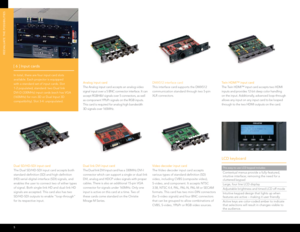 Page 6REEVALUATE THE PoSSIBILITIES
[ 6 ] Input cards
In total, there are four input card slots 
available. Each projector is equipped 
with a standard set of input cards. Slot 
1-2 populated, standard: two Dual link 
DVI-D (330MHz) input cards (each has VGA 
(165MHz) for non-3D or Dual Input 3D 
compatibility). Slot 3-4: unpopulated.
Dual SD/HD-SDI input card 
The Dual SD/HD-SDI input card accepts both 
standard-definition (SD) and high-definition 
(HD) serial-digital-interface (SDI) signals, and 
enables the...