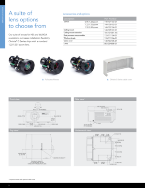 Page 65
VERSATIlE DESIGn
Side view1Front view
A suite of  
lens options   
to choose from
Our suite of lenses for HD and WUXGA 
resolutions increases installation flexibility. 
Christie
® G Series ships with a standard   
1.22-1.52:1 zoom lens.
 Full suite of lenses
Accessories and options
Description Part Number
 Lenses0.95-1.22 zoom140-101103-01
1.22-1.52 zoom 140-100102-01
1.52-2.89 zoom 140-102104-01
Ceiling mount140-105107-01
Ceiling mount extension104-101001-XX
Dual processor warp module 133-111104-01...