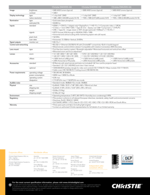 Page 2Christie DWX555-GSChristie DHD555-GSChristie DWU555-GS
Imagebrightness•	5400 ANSI lumens (typical)•	5000 ANSI lumens (typical)•	5400 ANSI lumens (typical)
contrast•	1200:1
Display technology type•	1-chip 0.65" DMD•	1-chip 0.65" DMD•	1-chip 0.67" DMD
native resolution•	1280 x 800 (1,024,000 pixels) (16:10)•	1920 x 1080 (2,073,600 pixels) (16:9)•	1920 x 1200 (2,304,000 pixels) (16:10)
Illumination type•	Solid state (laser phosphor)
estimated life•	20,000 hrs
Inputs standard•	HDMI x 1 • DVI-D x...