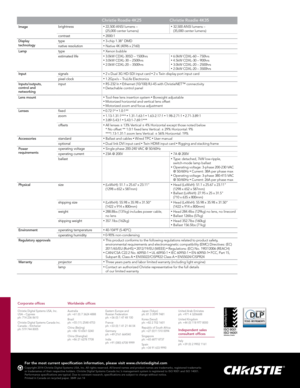 Page 2Christie Roadie 4K25Christie Roadie 4K35
Imagebrightness•	22,500 ANSI lumens –
 
(25,000 center lumens)•	32,500 ANSI lumens –  
(35,000 center lumens)
contrast
•	2000:1
Display   
technology type•	3-chip 1.38" DMD
native resolution•	Native 4K (4096 x 2160)
Lamp type•	Xenon bubble 
estimated life•	3.0kW CDXL-30SD – 1500hrs•	3.0kW CDXL-30 – 2500hrs•	2.0kW CDXL-20 – 3500hrs
•	6.0kW CDXL-60 – 750hrs•	4.5kW CDXL-30 – 900hrs•	3.0kW CDXL-20 – 2500hrs•	2.0kW CDXL-20 – 3500hrs
Input signals•	2 x Dual 3G...