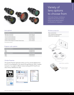 Page 5Variet y of   
lens options   
to choose from
A full suite of lenses, including an 
adapter for the Christie E Series 
lenses ensures design freedom 
and flexibility for installation.
4
LEnS OPTIOnS
4 Throw ratio varies by resolution. See www.christiedigital.com for further information.
Lens options4 
Description Part number
0.84-1.02:1 zoom lens*  140-114107-01
1.02-1.36:1 zoom lens*  140-115108-01
1.2-1.5:1 zoom lens (Full ILS) 140-109101-01
1.5-2.0:1 zoom lens (Full ILS) 140-110103-01
2.0-4.0:1 zoom...