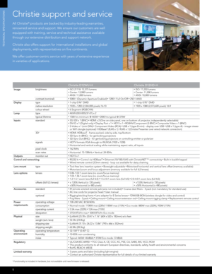 Page 6TEChnICAL SPECIFICATIOnS
Christie support and service
All Christie® products are backed by industry-leading warranties, 
renowned service and support. We ensure our customers are well 
equipped with training, service and technical assistance available 
through our extensive distribution and support network.
Christie also offers support for international installations and global 
deployments, with representatives on five continents. 
We offer customer-centric service with years of extensive experience...