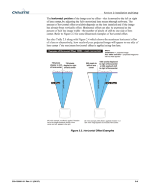 Page 18  Section 2: Installation and Setup 
020-100001-01 Rev. 01 (04/07) 2-9. 
The horizontal position of the image can be offset – that is moved to the left or right 
of lens center, by adjusting the fully motorized lens mount through software. The 
amount of horizontal offset available depends on the lens installed and if the image 
has already been vertically offset. Horizontal offset can also be expressed as the 
percent of half the image width – the number of pixels of shift to one side of lens 
center....